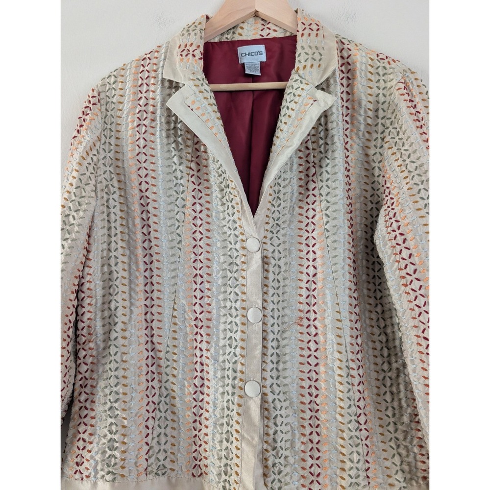 Chico's Silk Embroidered Blazer Jacket‎ Kantha Stitch Maximalist Art Chic Office